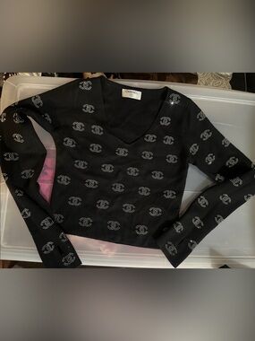CHANEL Black Crystal-Embellished CC Logo Knit Top